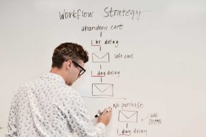 rapaz sobre quadro branco escrevendo uma estrategia de marketing digital
